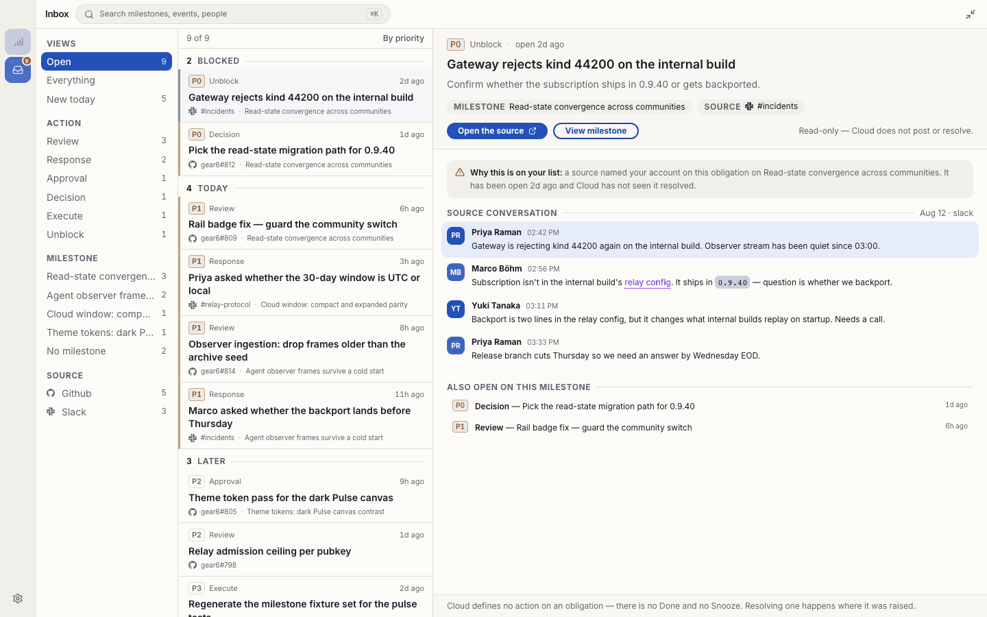 Gear6 Inbox: an open unblock item about a gateway rejecting kind 44200, with the reason it is listed and the four-message Slack conversation it was derived from.